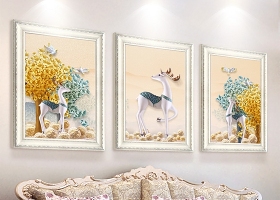 原创立体浮雕现代简约麋鹿发财树北欧三联装饰画