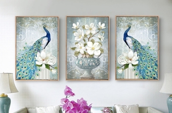 原创孔雀欧式手绘怀旧复古花卉花开富贵抽象客厅装饰画