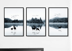 原创北欧现代简约意境树林麋鹿客厅装饰画三联画