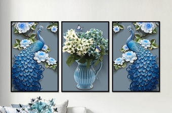 原创新中式3D立体浮雕蓝孔雀花瓶三联装饰画