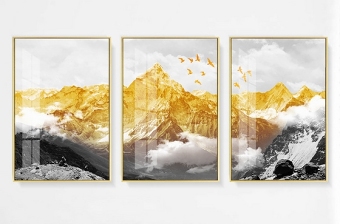 原创现代抽象北欧金色雪山脉客厅装饰画三联画