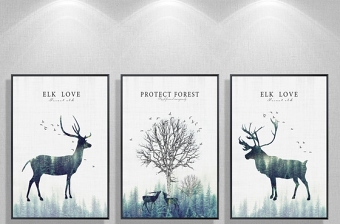 原创北欧简约抽象森林麋鹿装饰画三联清新无框画