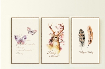 原创北欧三联无框画麋鹿森林手绘花鸟装饰画复古