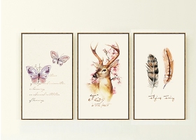 原创北欧三联无框画麋鹿森林手绘花鸟装饰画复古
