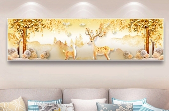 原创复古黄金发财树麋鹿抽象北欧装饰画