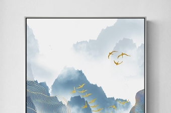 原创飞鸟新中式水墨山水金线抽象装饰画背景墙