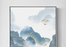 原创飞鸟新中式水墨山水金线抽象装饰画背景墙