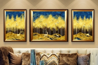 原创欧式复古抽象森林麋鹿金色奢华装饰画三联