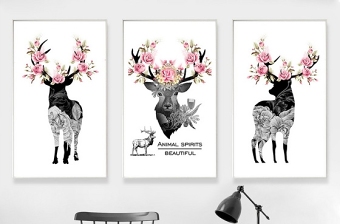原创北欧手绘简约动物麋鹿三联装饰画