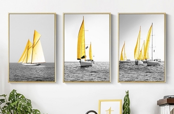 原创北欧简约意境大海金色帆船客厅装饰画无框画