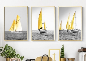 原创北欧简约意境大海金色帆船客厅装饰画无框画