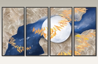 原创新中式禅意水墨抽象月亮河精品四联装饰画