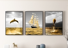 原创北欧艺术黑白金色帆船海豚客厅装饰画