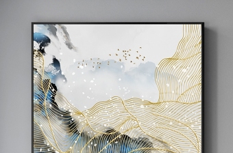 原创飞鸟新中式水墨山水线条抽象装饰画背景墙