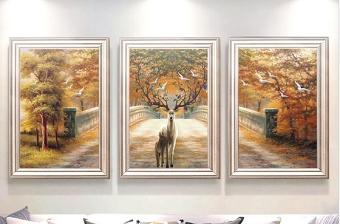 原创欧式油画黄金大道麋鹿森林发财树三联装饰画