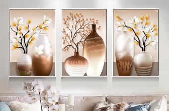 原创现代简约手绘花卉植物花瓶浮雕烤瓷北欧装饰画
