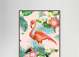 色彩绚丽热带丛林火烈鸟客厅书房装饰画