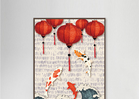 中国风大红灯笼装饰画鲤鱼挂画