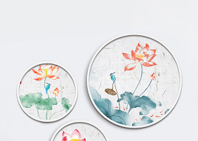 中国风水墨手绘荷花三联装饰画