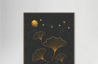新中式手绘银杏叶抽象简约黑金意境装饰画