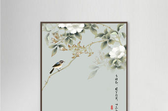 新中式白色花朵枝头喜鹊风景一联装饰画