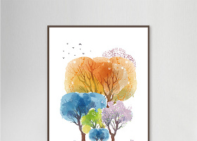 彩色树木花朵花蝴蝶燕子清新风景画一联装饰