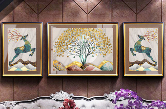 原创欧式复古抽象麋鹿发财树大理石客厅装饰画-版权可商用