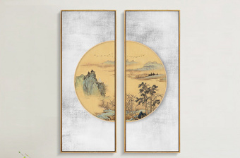 原创现代新中式国画水墨山水圆形装饰画双联画-版权可商用