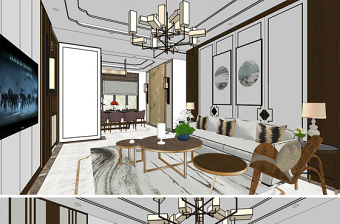 原創新中式別墅家裝客廳室內設計餐廳室內設計方案SU模型-版權可商用