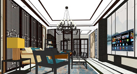 新中式客厅餐厅室内设计SU模型下载 新中式客厅餐厅室内设计SU模型下载