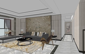 新中式客厅餐厅茶室室内设计SU模型下载 新中式客厅餐厅茶室室内设计SU模型下载