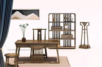 中式书桌椅装饰架组合3D模型下载 中式书桌椅装饰架组合3D模型下载