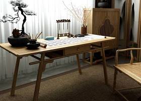 中式书桌单椅盆景组合3D模型下载 中式书桌单椅盆景组合3D模型下载
