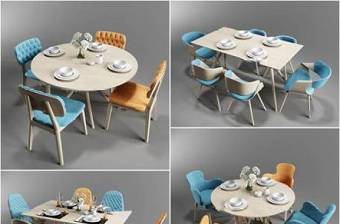 北欧实木餐桌椅餐具组合3D模型下载 北欧实木餐桌椅餐具组合3D模型下载