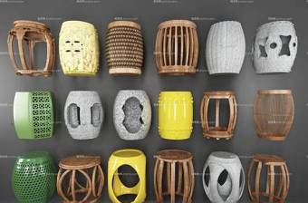 中式实木镂空鼓凳组合3D模型下载 中式实木镂空鼓凳组合3D模型下载