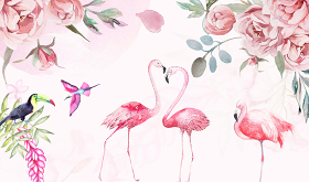 粉色中世纪火烈鸟水彩玫瑰背景墙图片