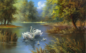 天鹅湖风景油画图片