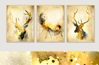 金色发财鹿黄金麋鹿装饰画三联图片