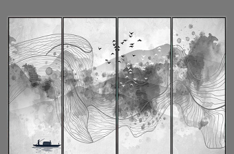 中式水墨山水意境线条飞鸟装饰画图片