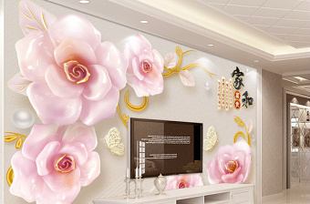 原创3D立体浮雕珠宝玫瑰花家和富贵电视背景墙-版权可商用