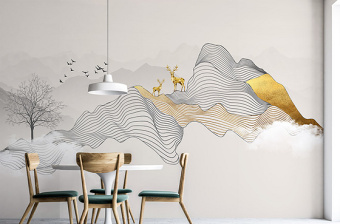 原创新中式抽象水墨线条烟雾山水意境麋鹿背景墙-版权可商用
