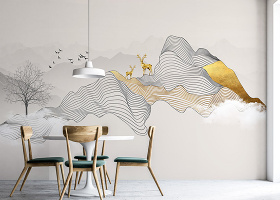 原创新中式抽象水墨线条烟雾山水意境麋鹿背景墙-版权可商用