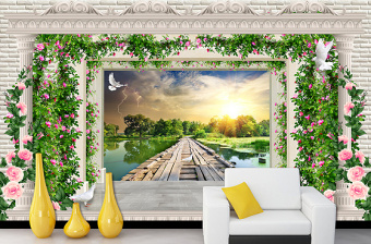 原创梦幻花藤欧式罗马柱木板桥唯美风景电视沙发背景墙-版权可商用