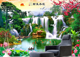 原创风景画山水流水生财电视沙发背景墙装饰画-版权可商用