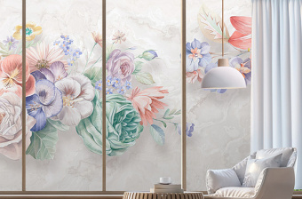 原创北欧简约手绘花朵蝴蝶大理石纹背景墙壁画-版权可商用