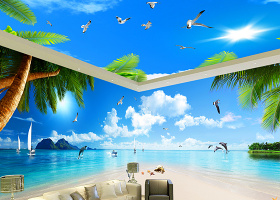 原创蓝天白云海景海滩3D主题空间背景墙-版权可商用