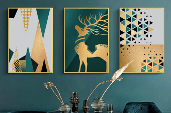 原创轻奢金色现代简约森林麋鹿几何抽象北欧装饰画-版权可商用