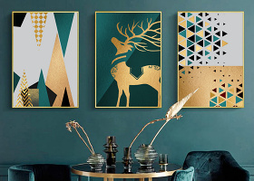原创轻奢金色现代简约森林麋鹿几何抽象北欧装饰画-版权可商用