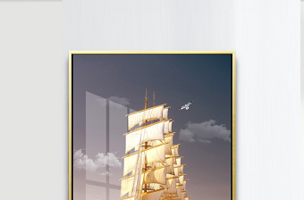 原创欧式手绘一帆风顺大海帆船飞鸟玄关装饰画-版权可商用