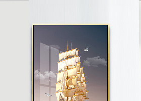 原创欧式手绘一帆风顺大海帆船飞鸟玄关装饰画-版权可商用